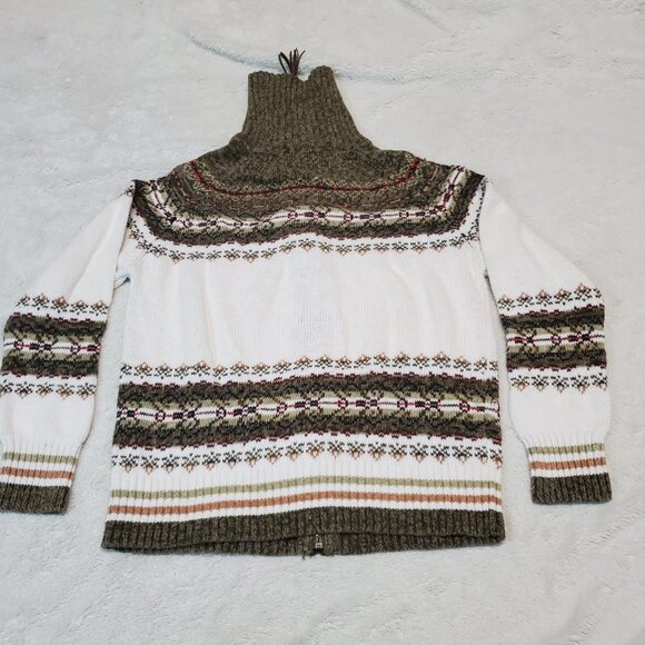 Tiara White Green Knit Fair Isle Cozy Everyday Fall Turtleneck Cardigan Women S - Picture 9 of 9